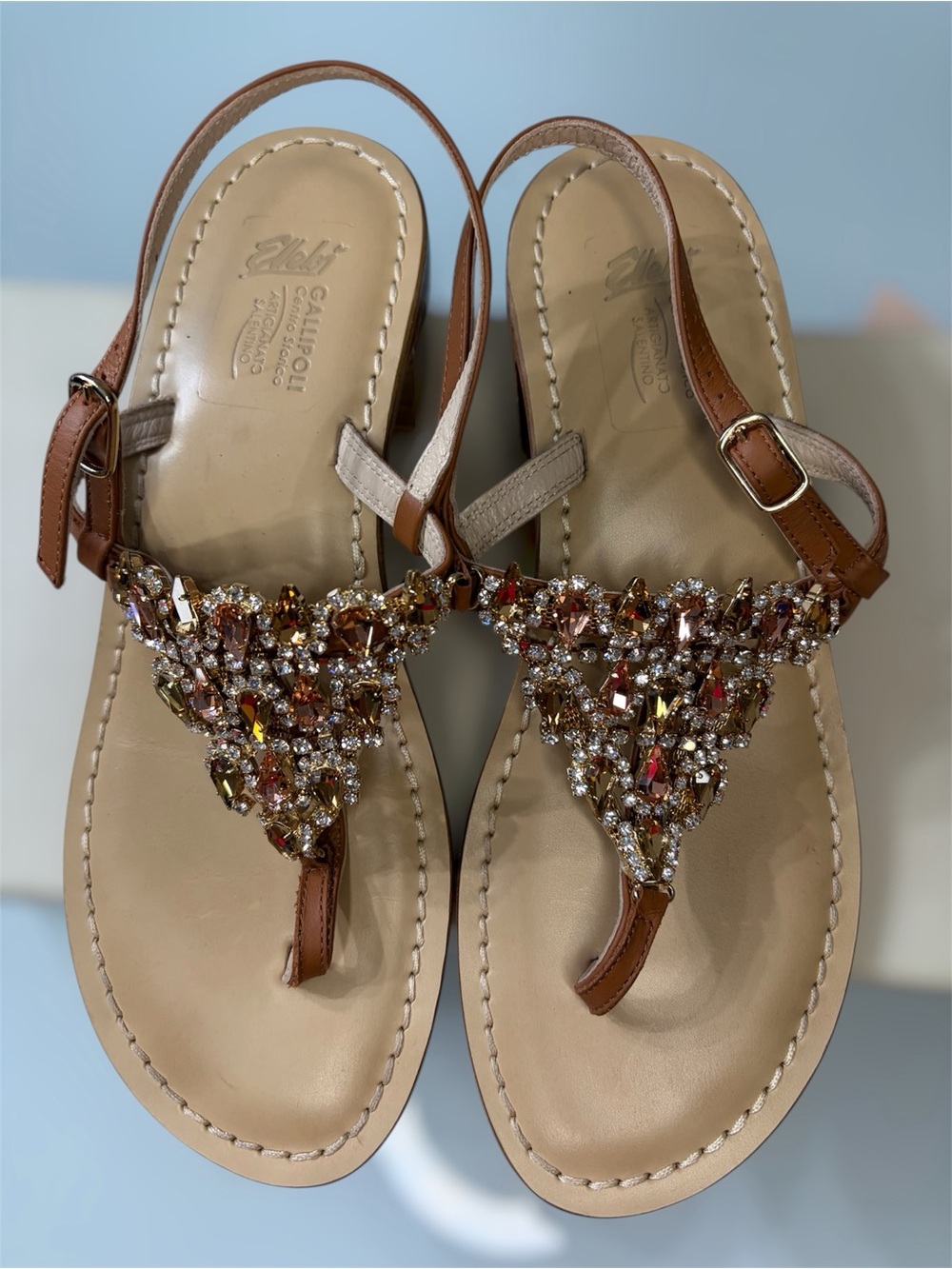 Elleti Handcrafted Italian Leather Jewel Sandals Size 39